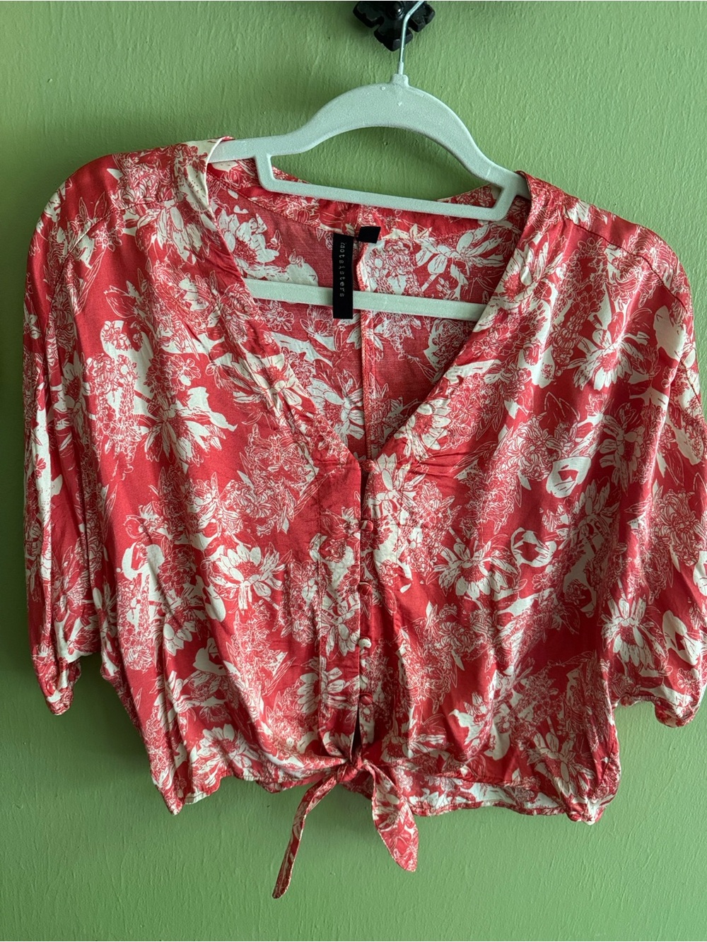 Oh Red and Cream Floral Tie-Front Crop Top